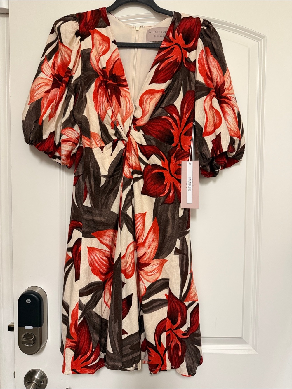 White + Warren Cream Dress with Red & Brown Floral Print
